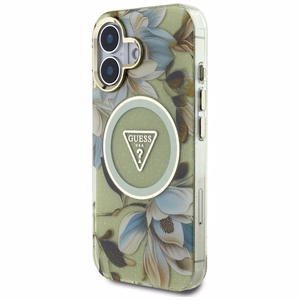Guess suojakuori iPhone 16:lle MagSafe-tuella GUHMP16SHFLPEDN (IML Metal Glitter Flowers Triangle) - vihreä