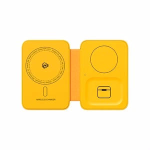 WEKOME WP-U172 taitettava 3-in-1 langaton latausasema peilillä iPhonelle, Apple Watchille ja AirPods-kuulokkeille, MagSafe-yhteensopiva, 15 W, keltainen