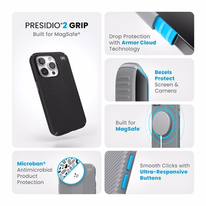 Speck Presidio2 Grip MagSafe suojakuori iPhone 15 Pro -laitteelle, musta liuskeenharmailla yksityiskohdilla