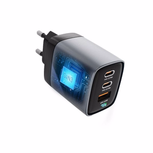 Puhelinlaturi Forcell F-Energy GaN III 2 x USB C + USB A QC4.0 3,45A PD 70W SAM SFC2.0 LCD-näytöllä VT-37 harmaa