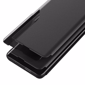 Eco Leather View Case, tyylikäs suojakuori läpällä ja jalustalla iPhone 16e / 17e:lle - musta