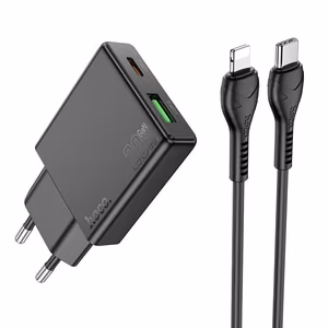Puhelinlaturi Hoco Slim USB-A + USB-C QC3.0 PD 3A 20W + USB-C - Lightning -kaapeli N38 musta