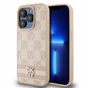 DKNY Nahkainen Checkered Mono Pattern & Printed Stripes Suojakuori iPhone 15 Pro:lle - vaaleanpunainen