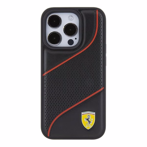 Ferrari Perforated Waves Metal Logo -suojakuori iPhone 15 Prolle - musta
