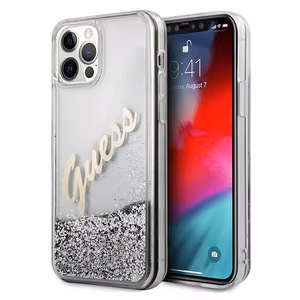 Guess GUHCP12LGLVSSI iPhone 12 Pro Max 6.7" hopea/hopea kovakotelo Glitter Vintage Script
