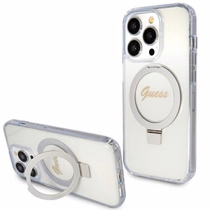 GUESS Suojakuori IPHONE 15 Prolle MagSafe-yhteensopiva GUHMP15LHRSGSD (Glitter Script Logo Ring stand) läpinäkyvä