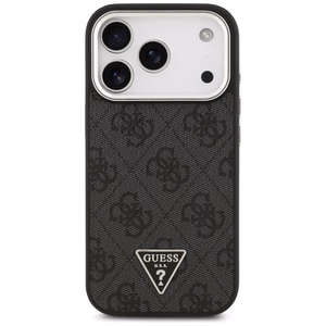 Guess MagSafe 4G PU Nahkainen Suojakuori Triangle Logo ja Hopeinen Metallikehys iPhone 17 Pro:lle - Musta