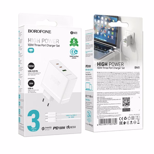 Borofone Wall charger BN11 Imperial - USB + 2xType C - QC 3.0 PD 100W with Type C to Type C cable white