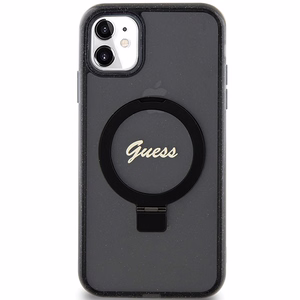 Guess Ring Stand Script Glitter MagSafe -suojakuori iPhone 11 / Xr:lle - musta