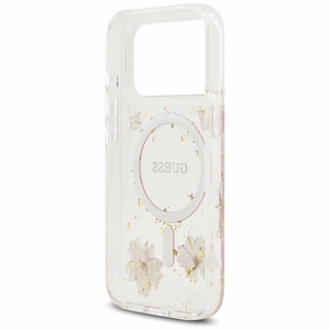 Guess Resin Flowers Glitter MagSafe -kuori iPhone 17 Pro pinkki