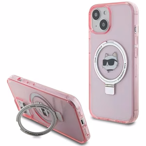 Karl Lagerfeld KLHMP15SHMRSCHP iPhone 15 6.1 vaaleanpunainen/vaaleanpunainen kovakuori Ring Stand Choupette Head MagSafe