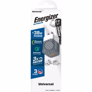 Energizer Ultimate A38QMU GaN-matkalaturi EU-, UK- ja US-pistokkeilla, USB-C + USB-A, 38 W PD + QC 3,0, hopeanvärinen