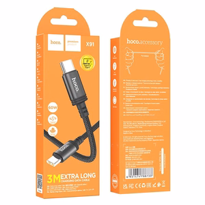 Kaapeli USB-C - USB-C Hoco 3A 60W 3 m X91 musta