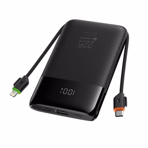 FORCELL F-ENERGY F10K6 Multicharge -varavirtalähde sisäänrakennetuilla USB-C- ja Lightning-kaapeleilla, PD, QC3.0, 3 A, 22,5 W, 10000 mAh, musta