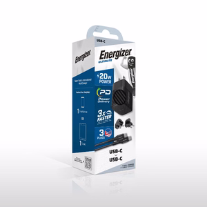Energizer Ultimate A20MUC GaN-matkalaturi EU-, UK- ja US-pistokkeilla, USB-C, 20 W PD, USB-C-kaapelilla, musta