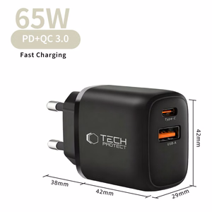 Tech-Protect NCA65W-GAN PD 65 W / QC3.0 2-porttinen seinälaturi, musta