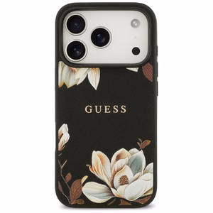 Guess Grained Flowers Classic Logo MagSafe -suojakuori iPhone 17 Pro - musta