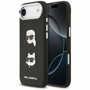Karl Lagerfeld FW Grained Karl & Choupette Heads Pins & Logo suojakuori iPhone Air:lle musta