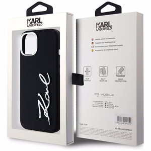 Karl Lagerfeld Silikoninen Metal Script Logo iPhone 15 Suojakuori - Musta