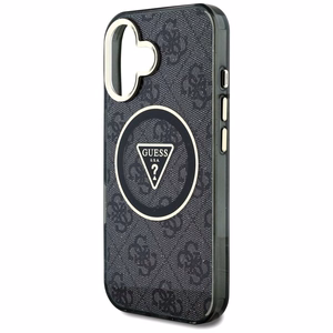 GUESS Suojakuori iPhone 16:lle MagSafe-yhteensopiva GUHMP16SHG4PRTGK (IML Metal Glitter 4G Circle Triangle) Musta