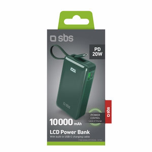 Powerbank SBS 10000 mAh 20W sisäänrakennetulla USB-C-kaapelilla ja digitaalisella näytöllä - vihreä