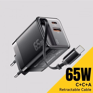 Charger Essager "Scope" Black 65W (1xPD / 1xQC3.0) + integrated Type-C cable