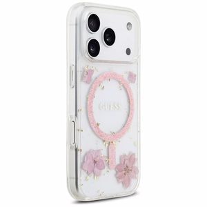 Guess Resin Flowers Glitter MagSafe -kuori iPhone 17 Pro pinkki