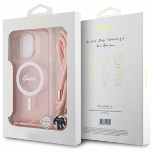 Guess Crossbody Cord Script MagSafe Suojakuori iPhone 16 Pro:lle - vaaleanpunainen
