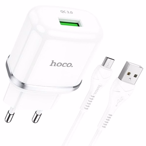 Puhelinlaturi Hoco USB A QC3.0 3A 18W + kaapeli USB A - Micro USB N3 valkoinen