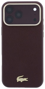 Viininpunainen PU-nahkainen Lacoste Champs Elysees MagSafe -kuori kultaisella logolla Apple iPhone 18 Pro -puhelimelle