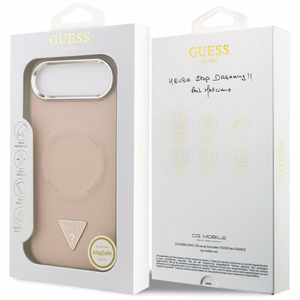 Guess MagSafe PU Nahkainen Suojakuori Triangle Logo -logolla ja hopeisella metallikamerakehyksellä iPhone 17 Air:lle - Vaaleanpunainen
