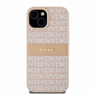 DKNY Nahkainen Mono Raita ja Metallinen Logo Suojakuori iPhone 15 Plus / 14 Plus:lle - vaaleanpunainen
