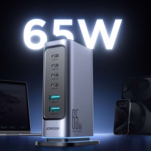 Joyroom JR-TCM02 GaN 65W laturi lataustukiasema 4xUSB-C 2xUSB-A UK-pistoke - harmaa