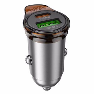 Autolaturi Hoco USB-A + USB-C QC3.0 PD 43W + USB-C - USB-C -kaapeli NZ16A metallinen harmaa
