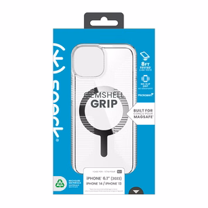 Speck GemShell Grip MagSafe -suojakuori iPhone 17e / 16e / 15 / 14 / 13 -laitteelle, läpinäkyvä krominvärisillä yksityiskohdilla