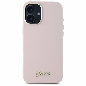 Guess Silikoninen Script Metal Logo & Frame suojakuori iPhone 16:lle - vaaleanpunainen