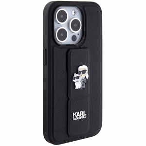 Karl Lagerfeld Gripstand Saffiano Karl&Choupette Pins Suojakuori iPhone 15 Prolle - musta