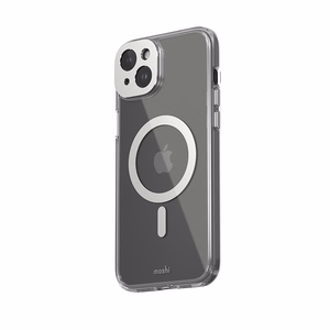 Moshi iGlaze MagSafe suojakuori iPhone 15 Plus -laitteelle, läpinäkyvä Luna Silver -yksityiskohdilla