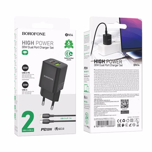Borofone Wall charger BN14 Royal GaN - USB + Type C - QC 3.0 PD 30W with Type C to Lightning cable black