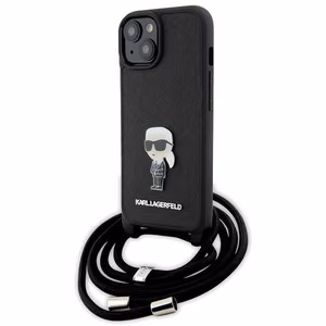 Karl Lagerfeld Suojakuori iPhone 15 6,1 KLHCP15SSASKNPSK musta HC Saffiano Ikonik Metal Pin Monogram Crossbody