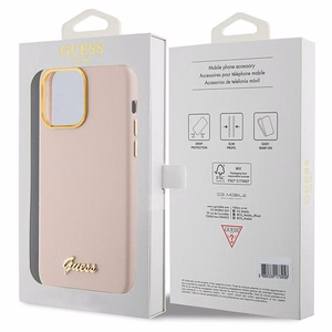 Guess Silikoninen Script Metal Logo & Frame Suojakuori iPhone 15 Pro Maxille - vaaleanpunainen