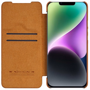 Nillkin Qin Nahka Pro Case iPhone 14 Plus kamera kansi Holster kansi Flip Case ruskea