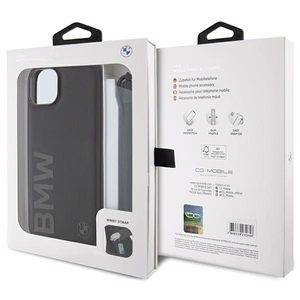 BMW Signature Leather Wordmark Cord Suojakuori iPhone 15 Plus / 14 Plus:lle - musta