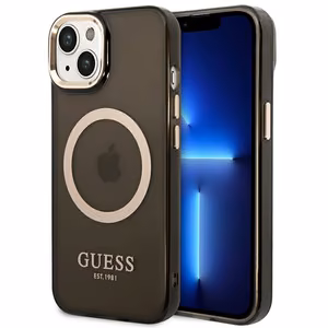 Guess GUHMP14MHTCMK iPhone 14 Plus 6.7" musta/musta kova kotelo kultainen ääriviivat läpikuultava MagSafe