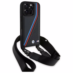 BMW M Edition Carbon Tricolor Lines & hihna suojakuori iPhone 16 Pro Max:lle - musta