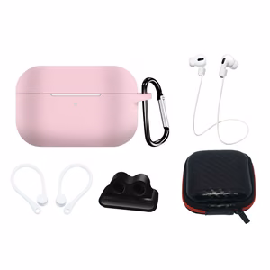 AirPods Pro 2 / AirPods Pro 1 silikoninen Suojakuori -setti + Suojakuori / korvakoukku / kaulahihna / kellohihnakiinnike / karabiinihaka - vaaleanpunainen