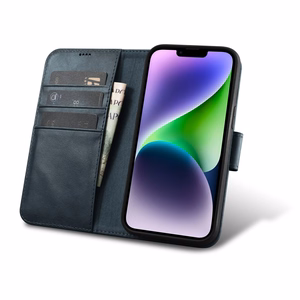 iCarer Oil Wax Wallet Case 2in1 Cover iPhone 14 Plus Anti-RFID Leather Flip Case Blue (WMI14220723-BU)