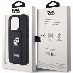 Karl Lagerfeld Gripstand Saffiano Karl&Choupette Pins Suojakuori iPhone 15 Pro Maxille - musta