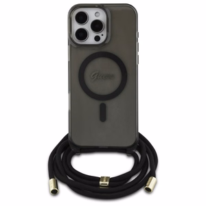 Guess Crossbody Cord Script MagSafe Suojakuori iPhone 16 Pro Max:lle - musta