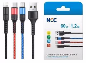 NCC USB cable Lightning+micro+USB-C (60W) 1m black